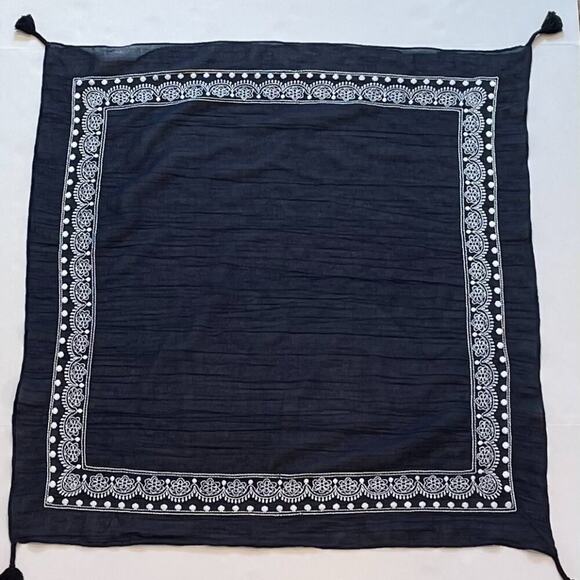 Hollister Cotton Navy, White Boho Floral Embroidered Scarf with Tassels, 30" Sq. - Picture 5 of 6